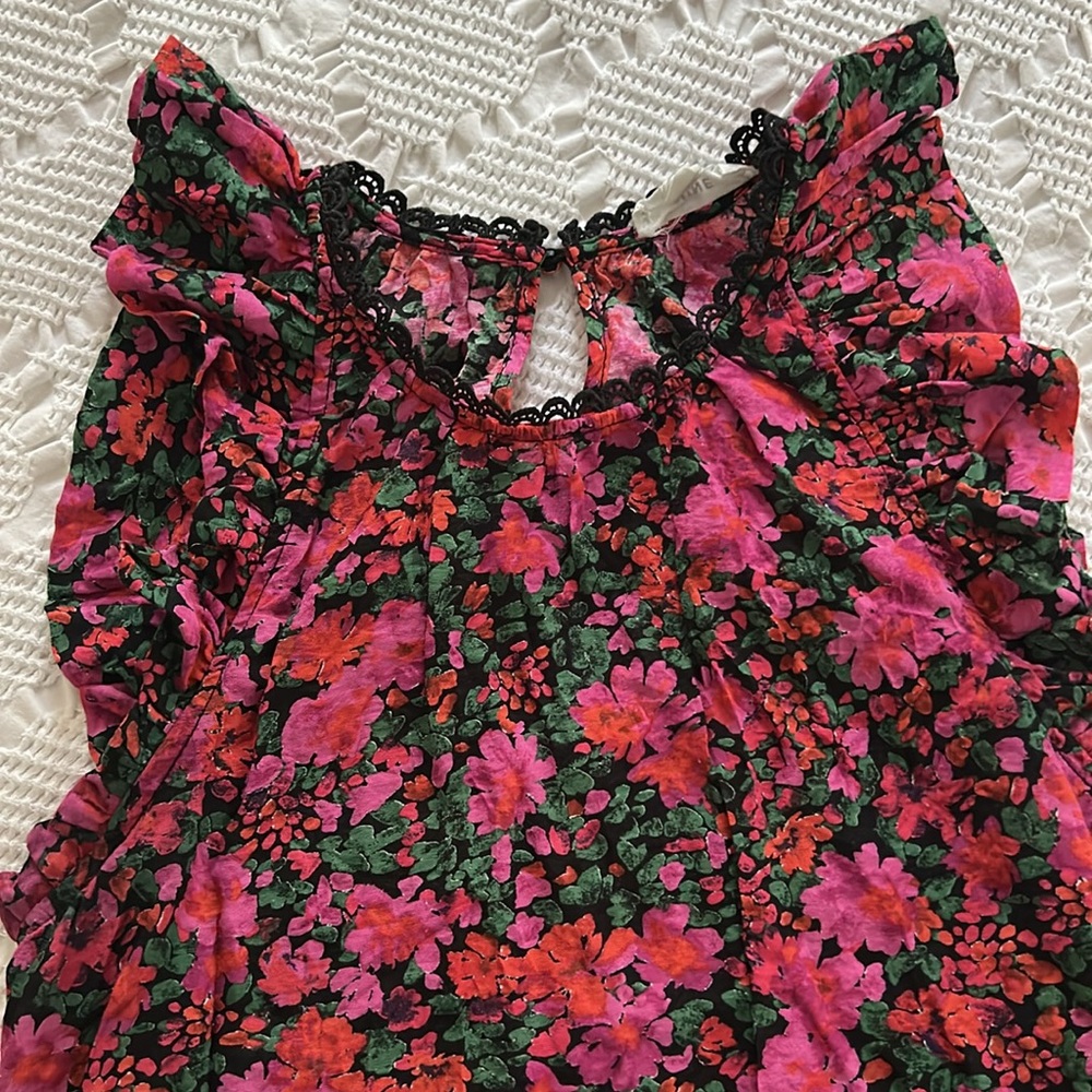 Floral Pink, Green, & Black Blouse